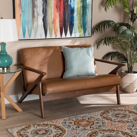 Baxton Studio Bianca Mid-Century Modern Walnut Brown Finished Wood and Tan Faux Leather Effect Loveseat 190-11393-ZORO